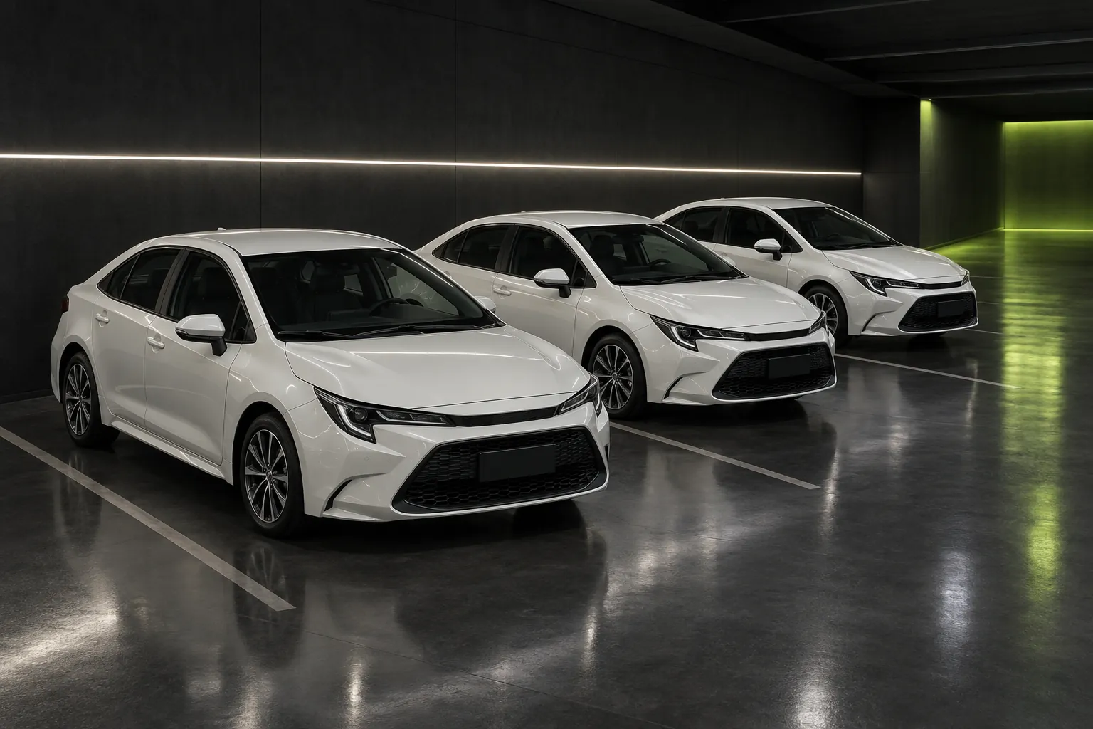 Trzy białe Toyoty Corolla ustawione w rzędzie w garażu floty