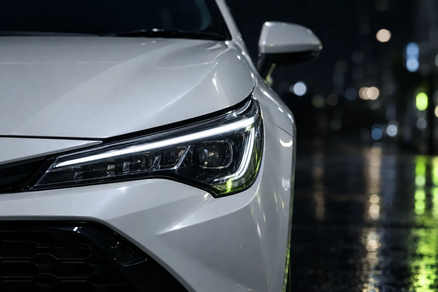 Zbliżenie na reflektor LED i maskę białej Toyoty Corolla nocą