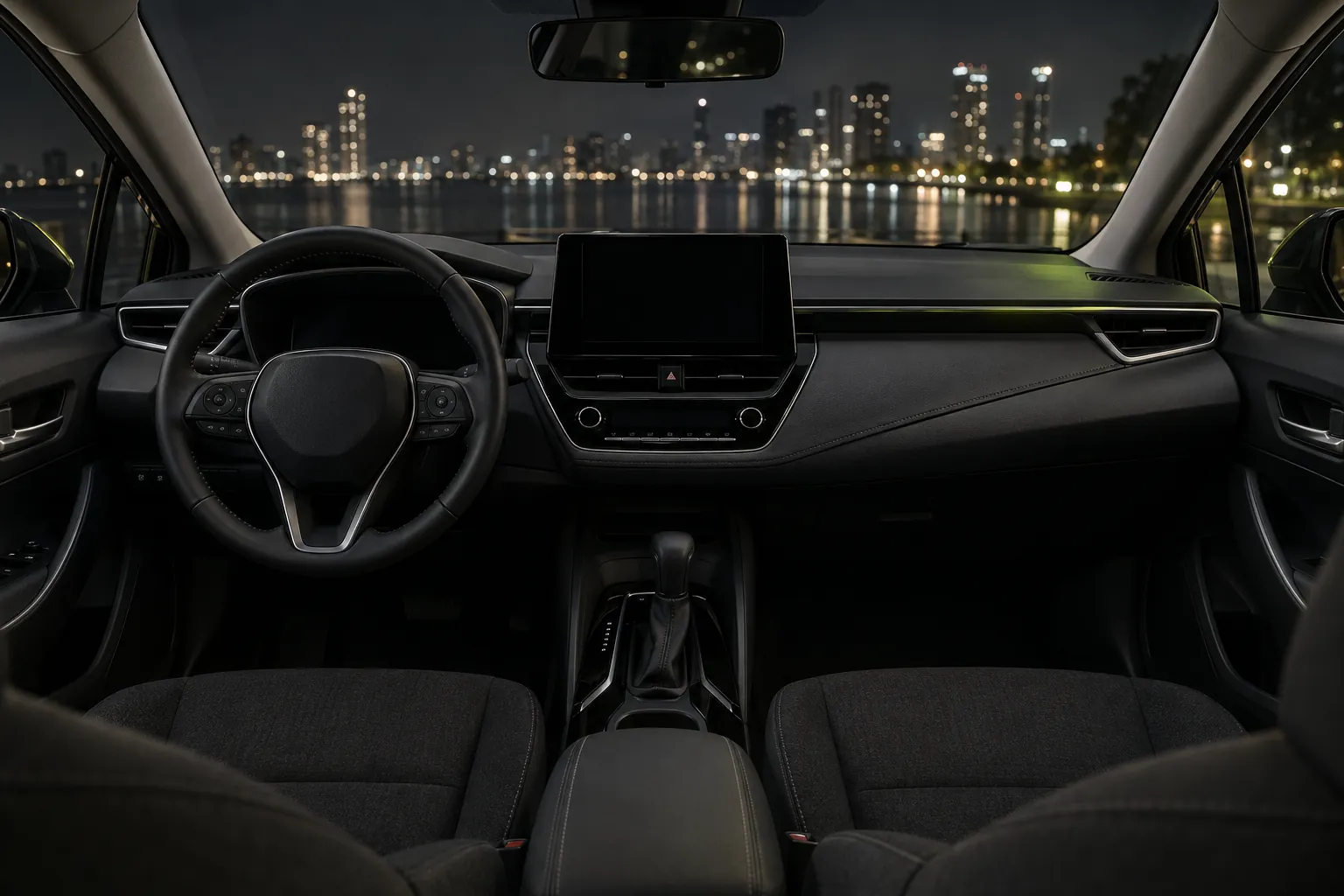 Wnętrze Toyoty Corolla: kierownica i deska rozdzielcza, w tle nocna panorama miasta