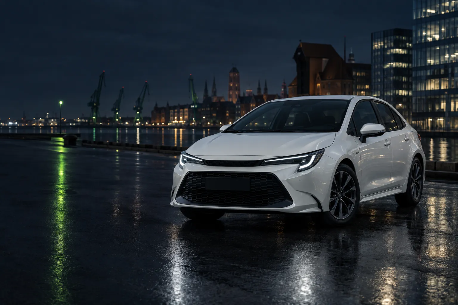 Biała Toyota Corolla z floty Fleet Control Center zaparkowana nocą na nabrzeżu w Gdańsku